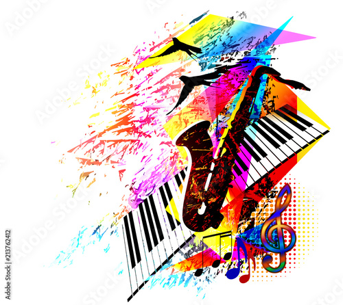 Music background with saxophone, piano keyboard and flying birds