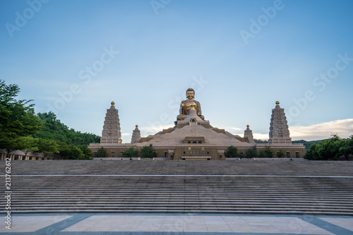 Wide view of the main Buddha sculpture of the Fo Guang Shan Buddha memorial center Kaohsiung