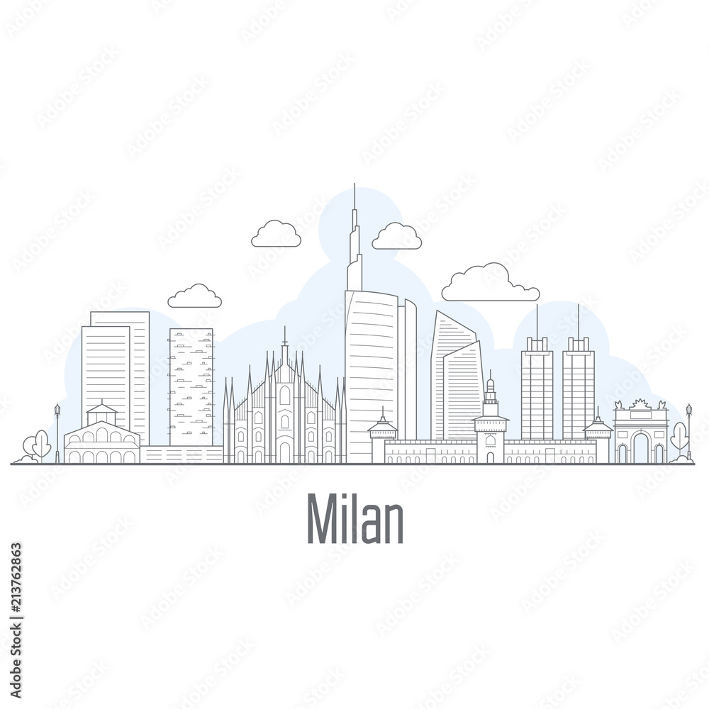 Milan city skyline - cityscape with landmarks in liner style