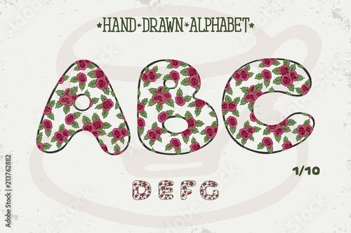 Alphabet romantic vintage design. English letters. Red roses Shabby chic style. Font vector typography. Hand drawn. EPS10