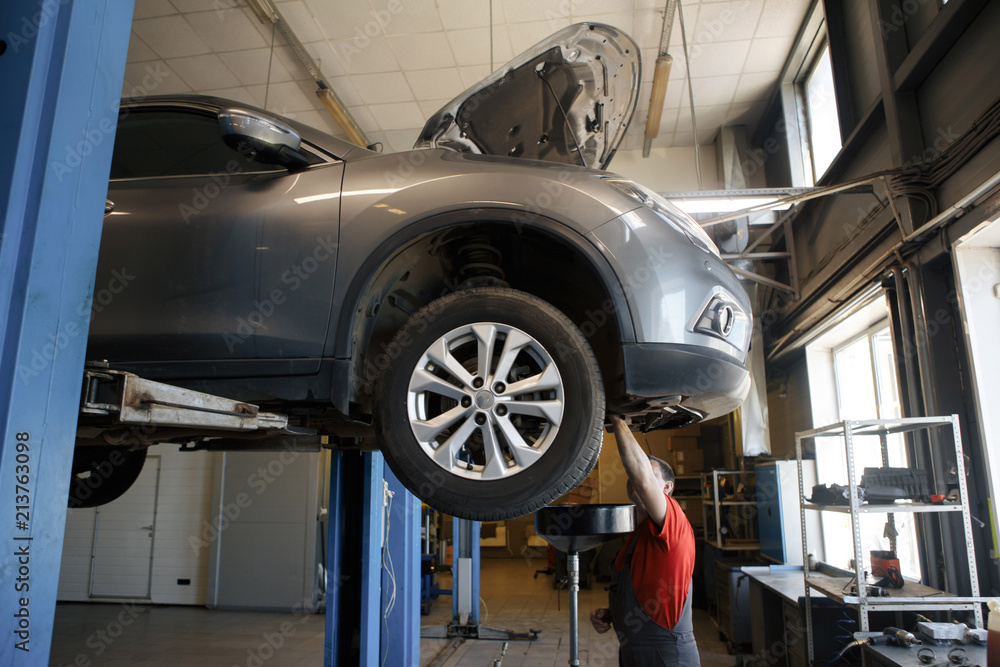 custom made wallpaper toronto digitalCar Mechanic Fixing Tie Rod and Steering System While Being Under the Vehicle. Car Maintenance in the Professional Service.