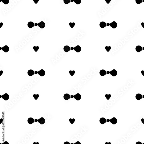 Seamless pattern with black bow tie and hearts on the white background
