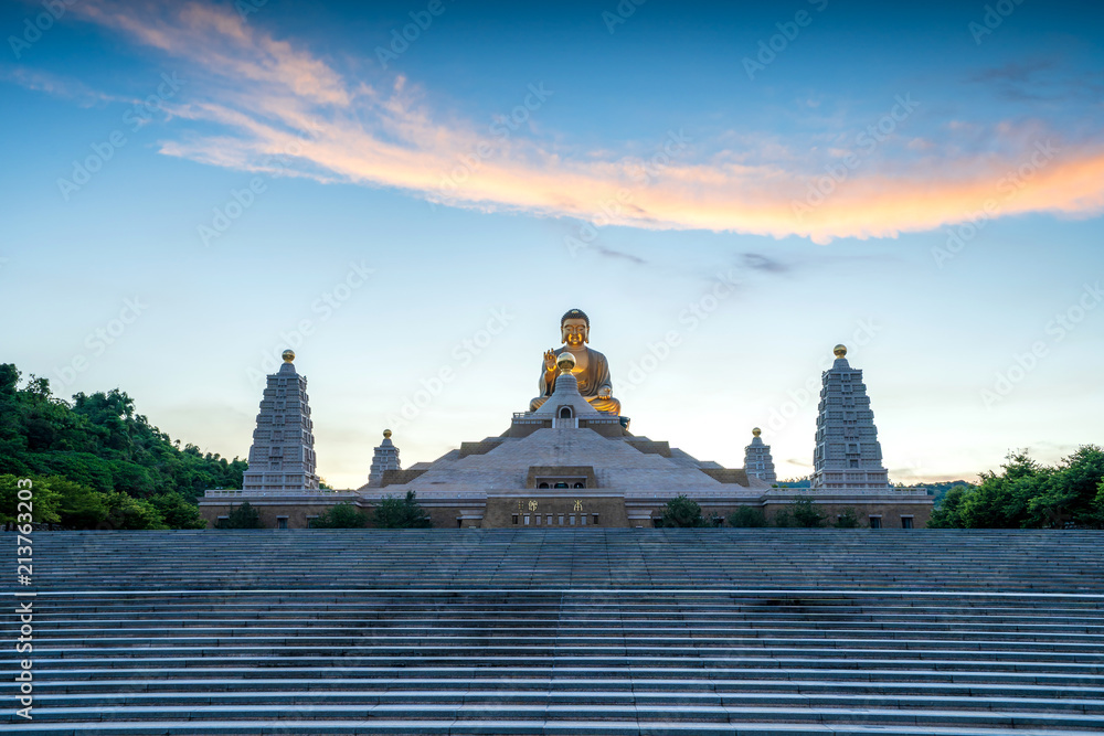 Wide view of the main Buddha sculpture of the Fo Guang Shan Buddha memorial center Kaohsiung