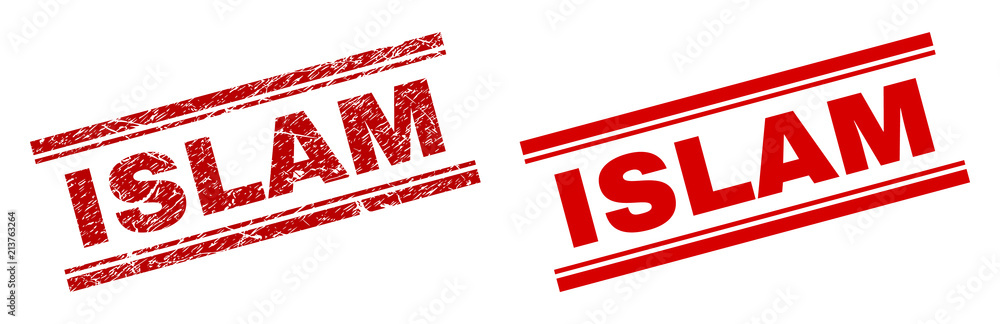 Fototapeta premium ISLAM stamp seal watermark with distress and clean styles. Red vector rubber print of ISLAM caption with dirty texture. Text caption is placed between double parallel lines.