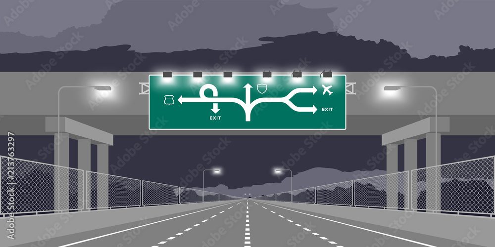Road underpass Highway or motorway and green signage at nighttime illustration isolated on dark sky background