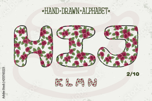 Alphabet romantic vintage design. English letters. Red roses Shabby chic style. Font vector typography. Hand drawn. EPS10