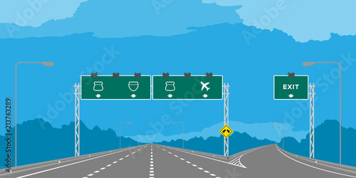 Y junction Highway or motorway and green signage in daytime illustration isolated on blue sky background