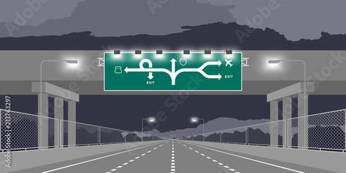 Road underpass Highway or motorway and green signage at nighttime illustration isolated on dark sky background