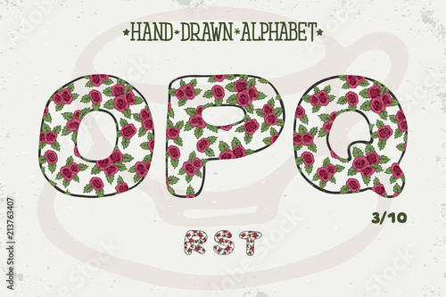 Alphabet romantic vintage design. English letters. Red roses Shabby chic style. Font vector typography. Hand drawn. EPS10