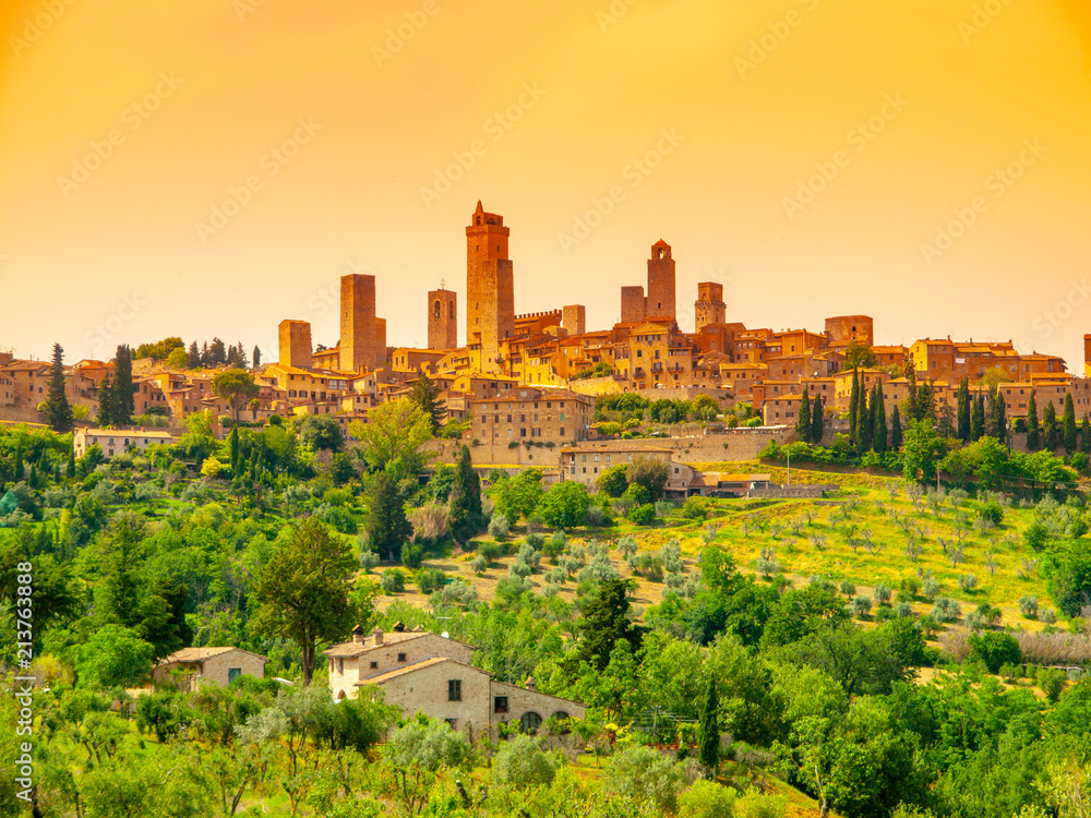 San Gimignano - medieval town with many stone towers, Tuscany, Italy. Panoramic view of cityscape.