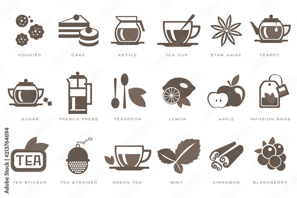 Tea time linear icons set, cookie, cake, kettle, cup, sugar, french press, teaspoon, lemon, apple, infusion bag, strainer black vector Illustrations