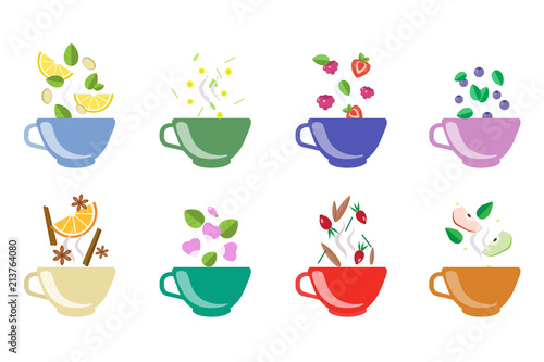 Cups of herbal tea set, fruit and berry tea vector Illustrations on a white background