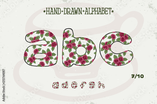 Alphabet romantic vintage design. English letters. Red roses Shabby chic style. Font vector typography. Hand drawn. EPS10