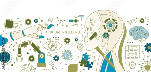 Horizontal banner with robot, robotic arm, automatic manipulator, innovative technological devices. Artificial intelligence and machine learning. Vector illustration in modern line art style.