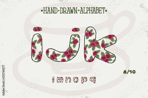Alphabet romantic vintage design. English letters. Red roses Shabby chic style. Font vector typography. Hand drawn. EPS10
