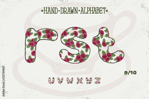 Alphabet romantic vintage design. English letters. Red roses Shabby chic style. Font vector typography. Hand drawn. EPS10