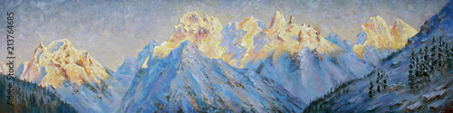 An oil painting on canvas. Golden peaks of the Elbrus region at dawn. Mountain landscape in bright and juicy tones. Author: Nikolay Sivenkov.