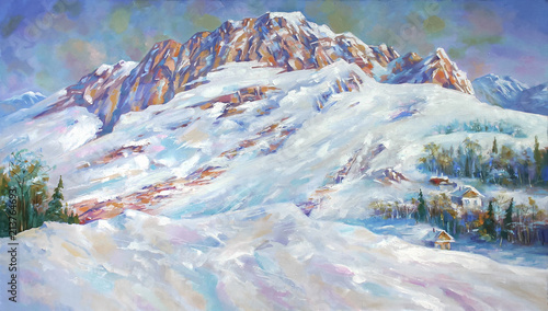 An oil painting on canvas. Snow drifts at the foot of mount Fisht . Mountain landscape in bright and juicy colors. Author: Nikolay Sivenkov.