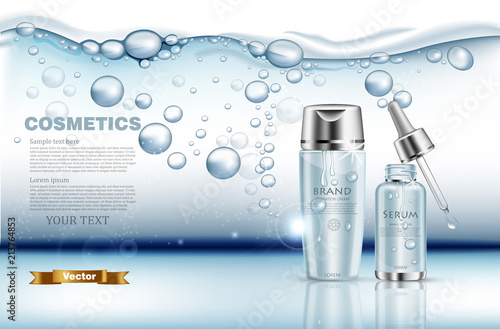 Realistic water serum and lotion set Vector. Product packaging mock up. Blue silver bottles. Underwater splash backgrounds