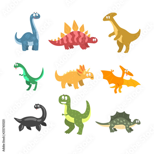Flat vector set of cartoon dinosaurs. Funny animals of Jurassic period. Elements for postcard  children book  sticker or mobile game