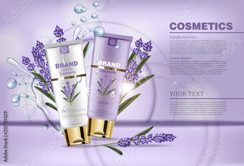 Lavender cream cosmetic Vector mock up. Realistic product packaging label design. Lotion hydrating aroma therapy. Waterdrops and laveder flowers bouquets backgrounds