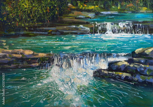 View of the cascading river Dagomys in the Sochi national park. Landscape - decorative texture on canvas. Painting  oil on canvas. Author  Nikolay Sivenkov.