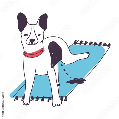 Cute nasty dog peeing on carpet isolated on white background. Funny puppy or doggy urinating at home. Pet pissing in house. Bad habit of domestic animal. Colored hand drawn vector illustration.
