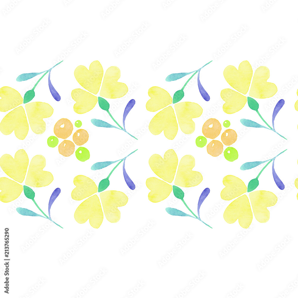 Obraz premium Seamless pattern with painted decorative yellow flowers isolated on white background. Watercolor illustration