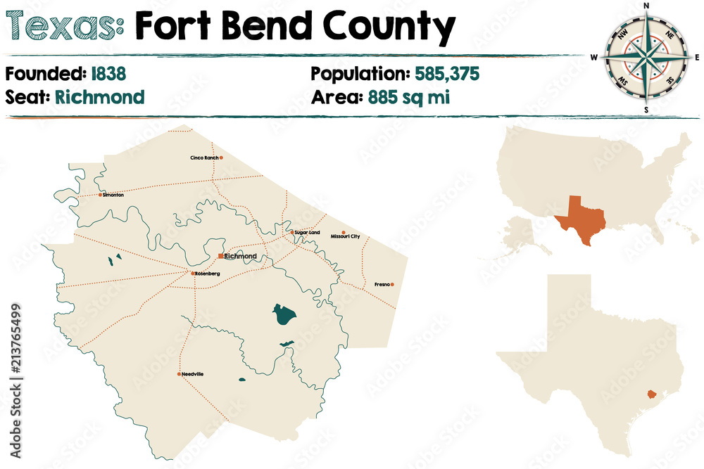 Naklejka premium Detailed map of Fort Bend county in Texas, USA.
