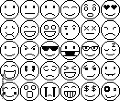Set of black and white pixel art emoticons.