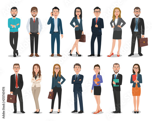 Group of business men and business women characters working in office. Isolated on white background