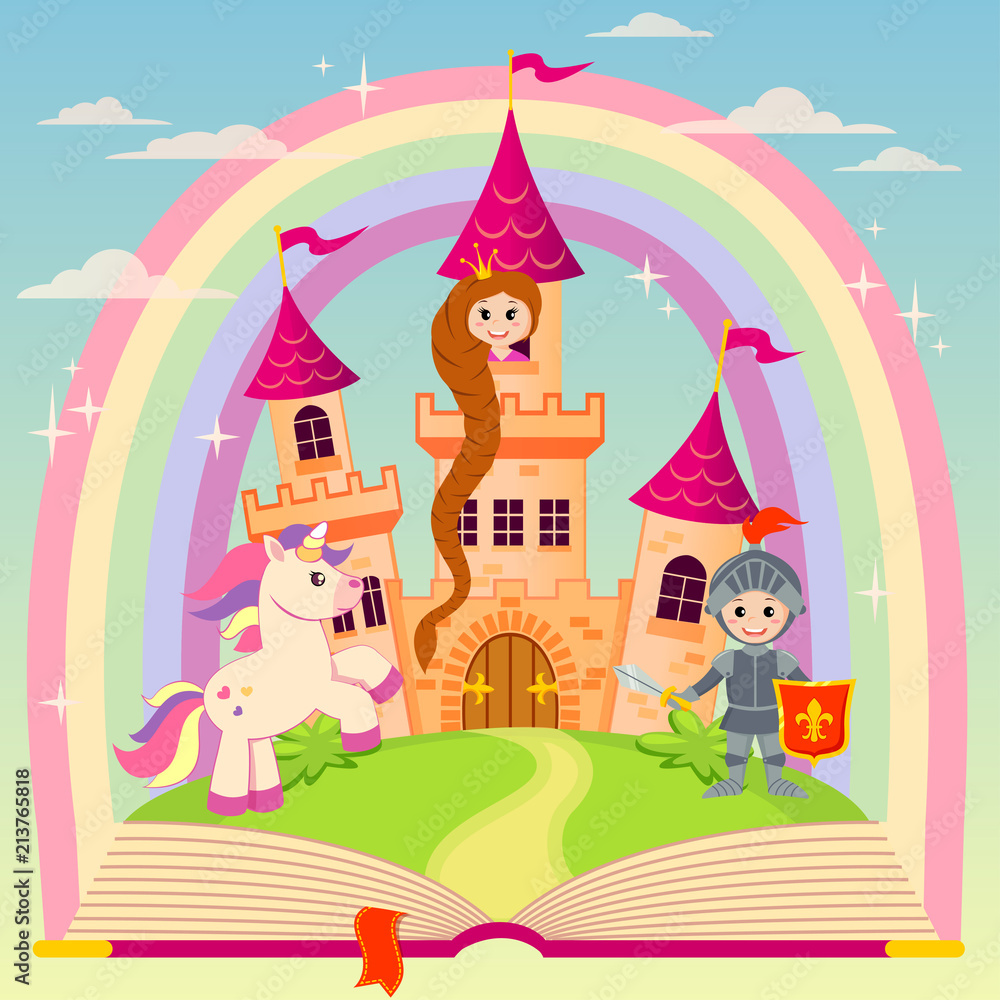 Fairytale book with castle, princess, knight, unicorn and rainbow Fairytale book with castle, princess, knight, unicorn and rainbow