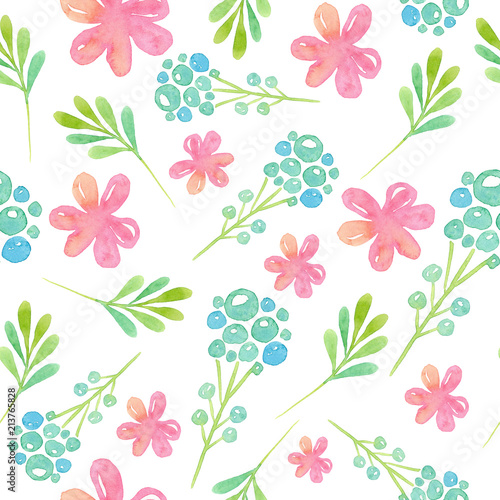 Seamless pattern with painted pink flowers and leaves isolated on white background. Watercolor illustration