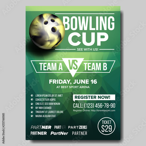 Bowling Poster Vector. Bowling Ball. Vertical Design For Sport Bar Promotion. Tournament, Championship Flyer Design. Bowling Club Flyer. Pin. Invitation Label Blank Illustration