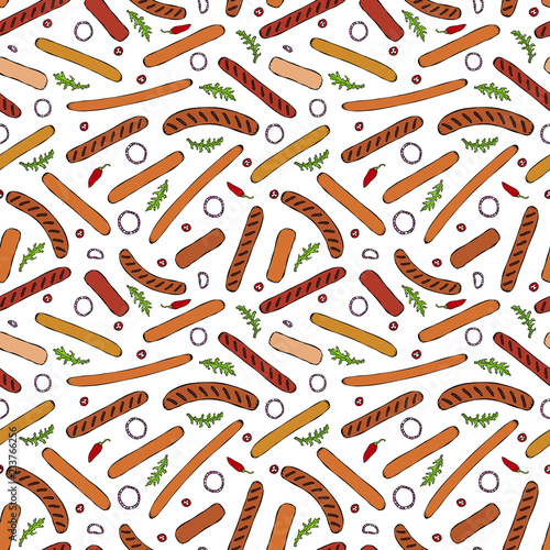 Seamless Endless Background Pattern of Different Sausages, Onion Rings, Rocket Leaves Herb, Pepper. Food Collection. Realistic Hand Drawn High Quality Vector Illustration. Doodle Style.