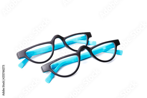 Two pair of black and blue spectacles