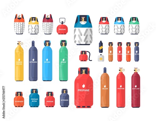 Collection of industrial compressed gas cylinders or tanks of various size and color isolated on white background. Bundle of different pressure vessels. Colorful vector illustration in flat style.