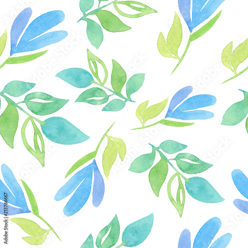 Seamless pattern with painted decorative flowers and leaves isolated on white background. Watercolor illustration