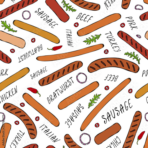 Seamless Endless Background Pattern of Different Sausages, Onion Rings, Rocket Leaves Herb, Pepper and Lettering. Food Collection. Realistic Hand Drawn High Quality Vector Illustration. Doodle Style.