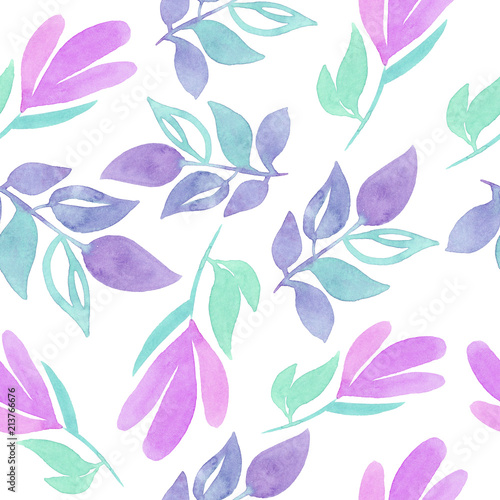 Seamless pattern with painted decorative pink flowers and leaves isolated on white background. Watercolor illustration