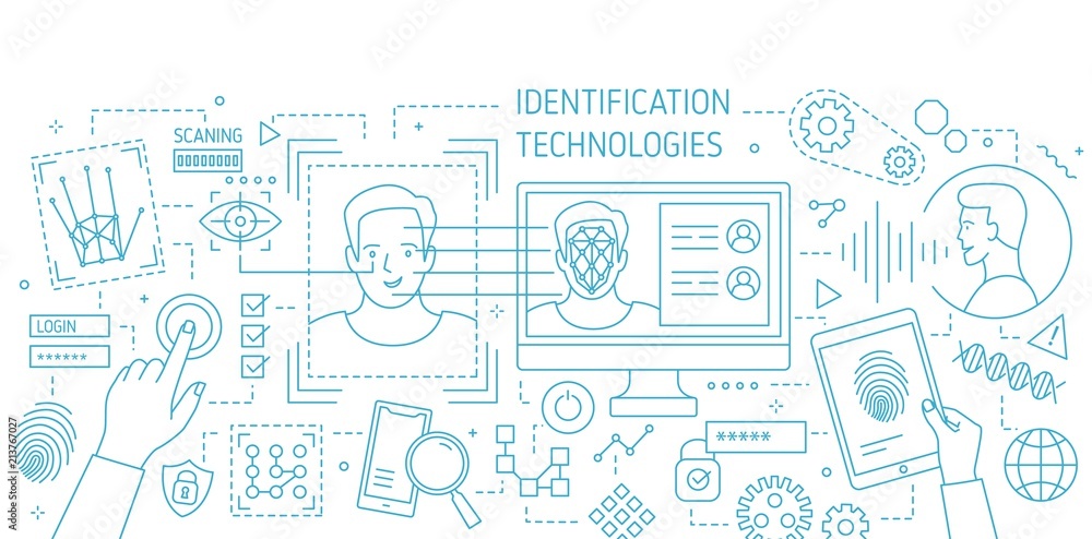 Banner with facial identification tools, software for fingerprint scanning, equipment for verification of person drawn with contour lines on white background. Vector illustration in lineart style.