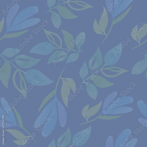 Seamless pattern with decorative flowers and leaves on a blue background. Watercolor illustration
