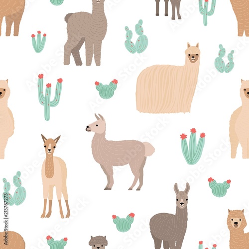 Seamless pattern with adorable llamas hand drawn on white background. Backdrop with funny wild Andean animals and cactuses. Childish flat cartoon vector illustration for wrapping paper, textile print.