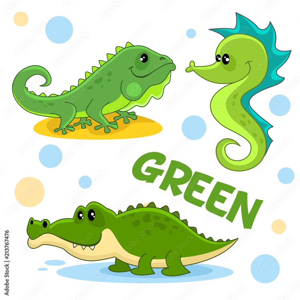 Naklejka premium A set of green, cartoon pictures with reptiles and marine animals for children and design, crocodile, aligator, iguana and seahorse.