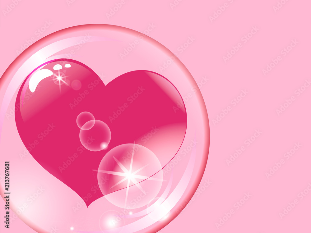 red heart inside a transparent sphere on a pink background soap bubble