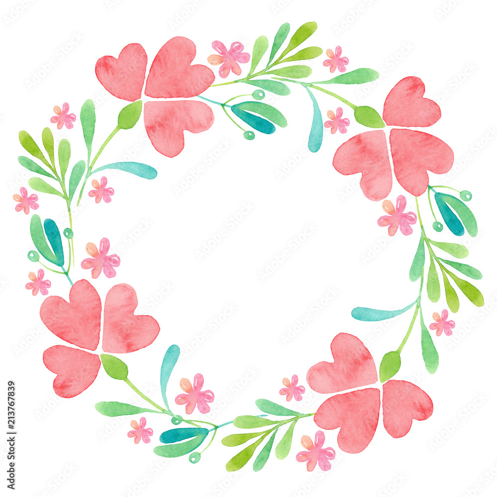 Round wreath with painted decorative pink flowers and leaves isolated on white background. Watercolor illustration