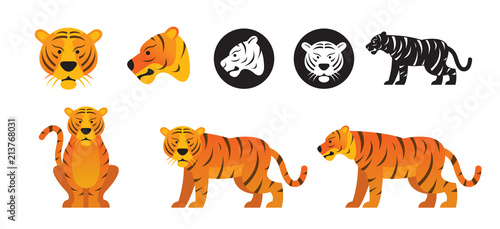 Tiger Vector Set, Front View, Side View, Silhouette