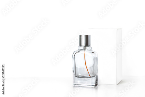Perfume bottle and white packaging box mock up