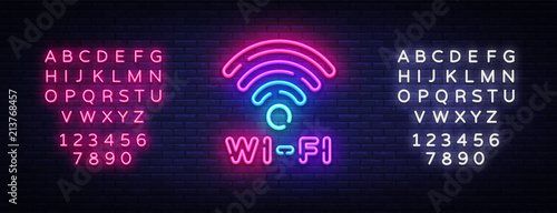 Wifi neon sign vector. Wifi symbol neon glowing letters shining, Light Banner, neon text. Vector illustration. Billboard. Editing text neon sign