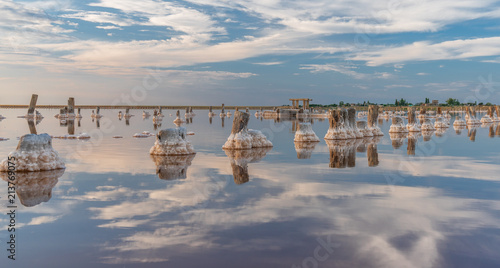 Salt sea water evaporation ponds with pink plankton colour photo